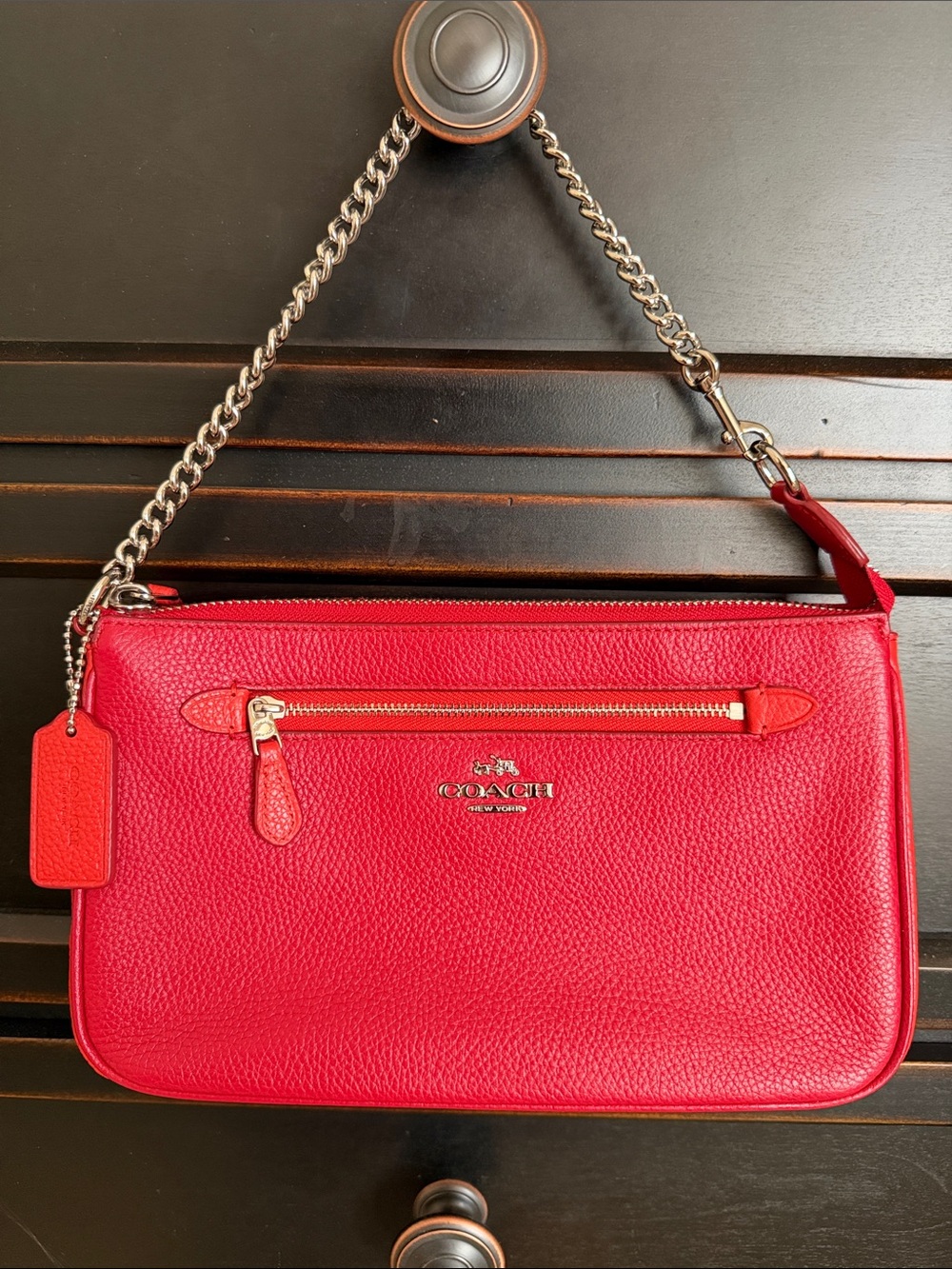 Coach Nolita Wristlet Red Pebbled Leather Chain, Coach Bags